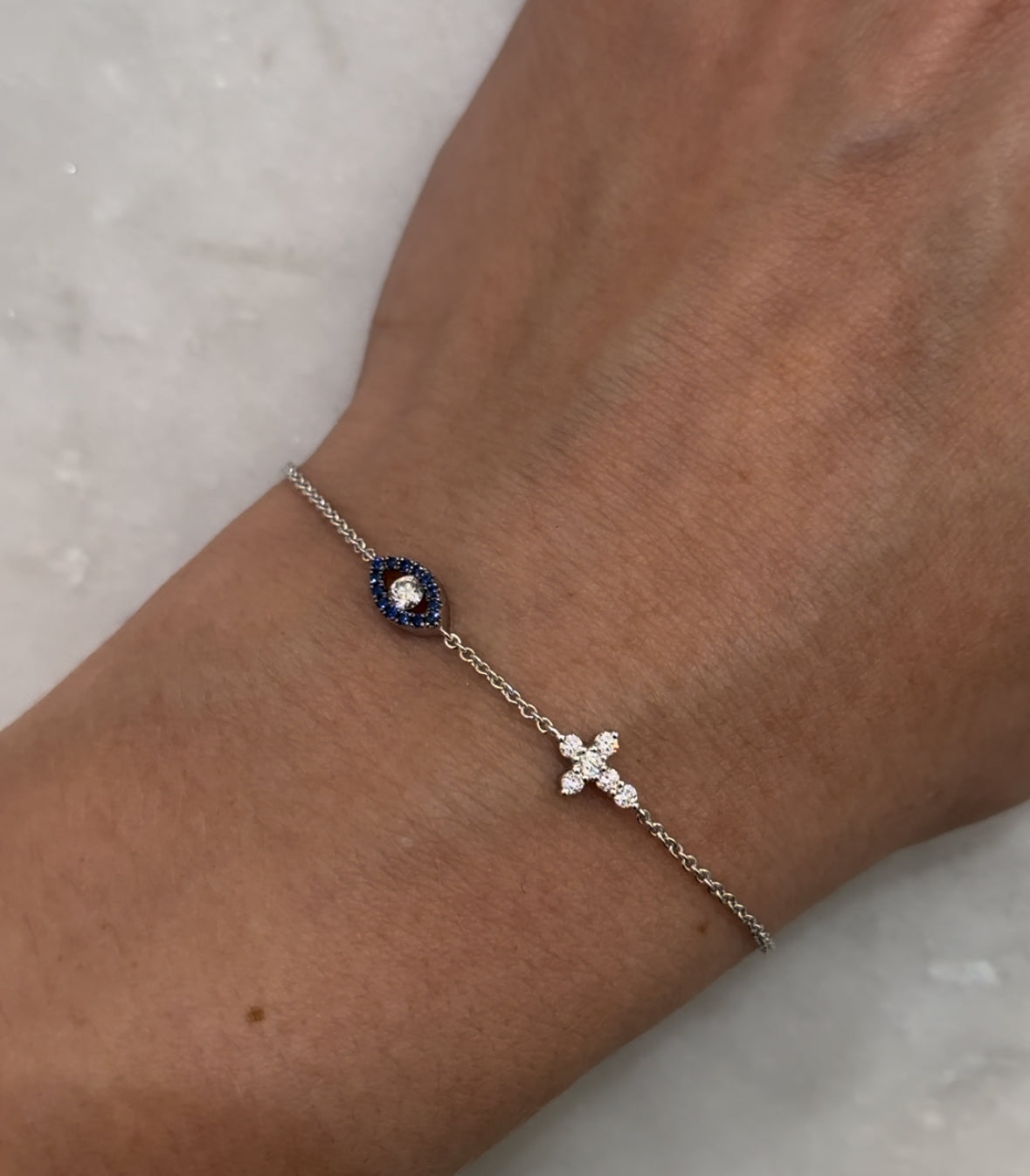 Evil Eye Cross Diamond & Sapphire Bracelet